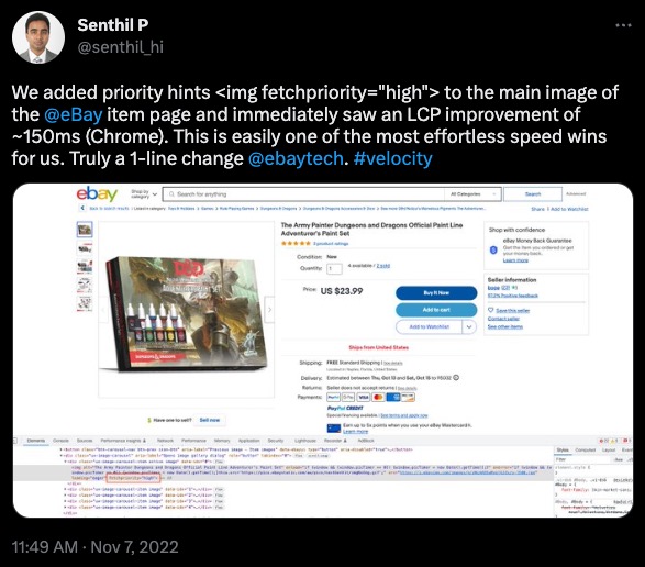 Screenshot of a Tweet about Ebay's 150ms reduction in LCP by using priority hints
