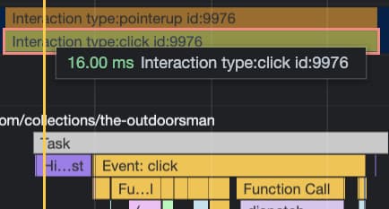 A screenshot from Chrome’s profiling tool, showing a click event that takes 16ms