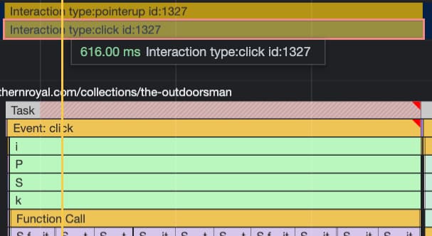 A screenshot from Chrome's profiling tool, showing a click event that takes 616ms