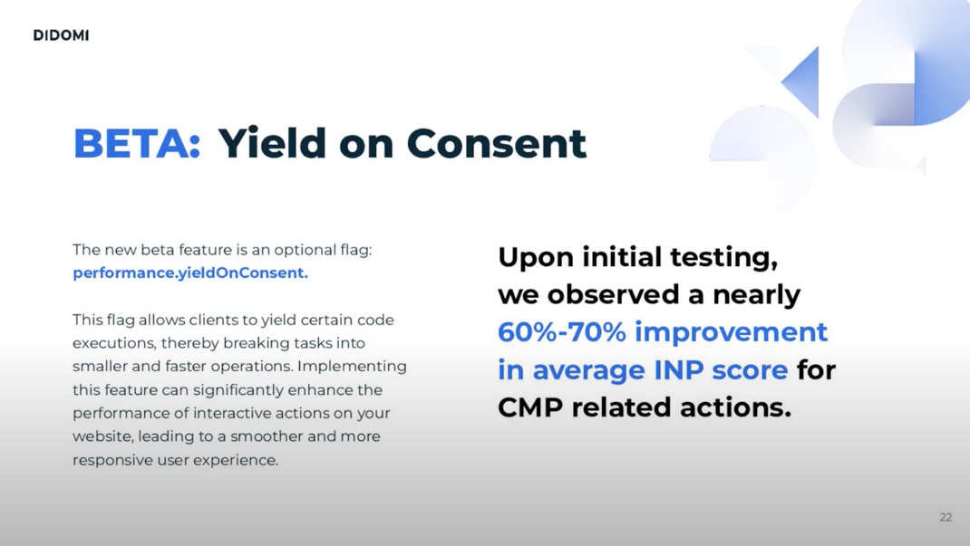 Screenshot of a slide from Didomi’s talk, showing a 60-70% improvement in INP due to their change to yield to the main thread