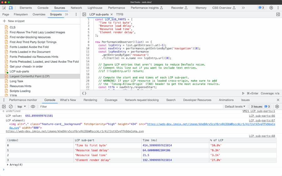 A screenshot of chrome devtools, with the snippet bar open. A snippet has also been run that outputs LCP subpart information to the console