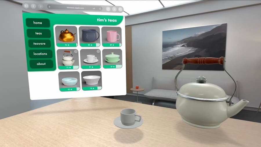 A site, called Tim's Tea's (not associated with me..I'm a coffee guy) shown in the spatial web with a 3D tea pot next to it.